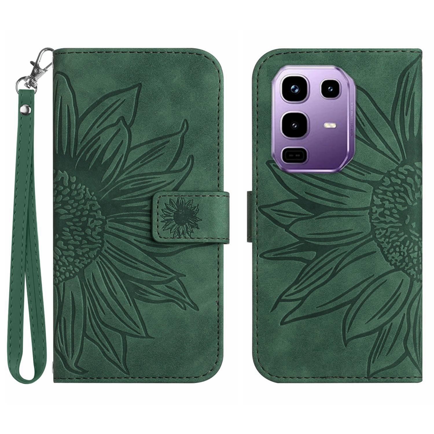 

For Infinix Note 50 Pro+ 5G Case Sunflower Imprint Leather Wallet Phone Cover with Wrist Strap Dark Green