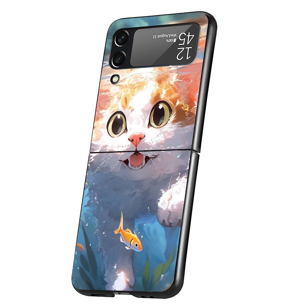Cartoon Cute Cat Fish Aesthetic Cover Phone Case For Samsung Galaxy Z Flip 7 6 5 4 3 5G Flip7 Flip6 Flip5 Flip4 Flip3 Black Fund