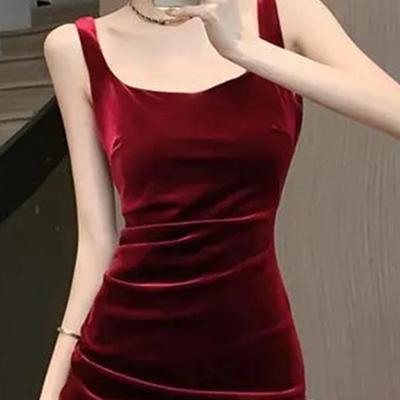 Summer Women Evening Dress Sleeveless Slim Fit Backless Pure Color Split Hem Velvet U-shaped Neck Prom