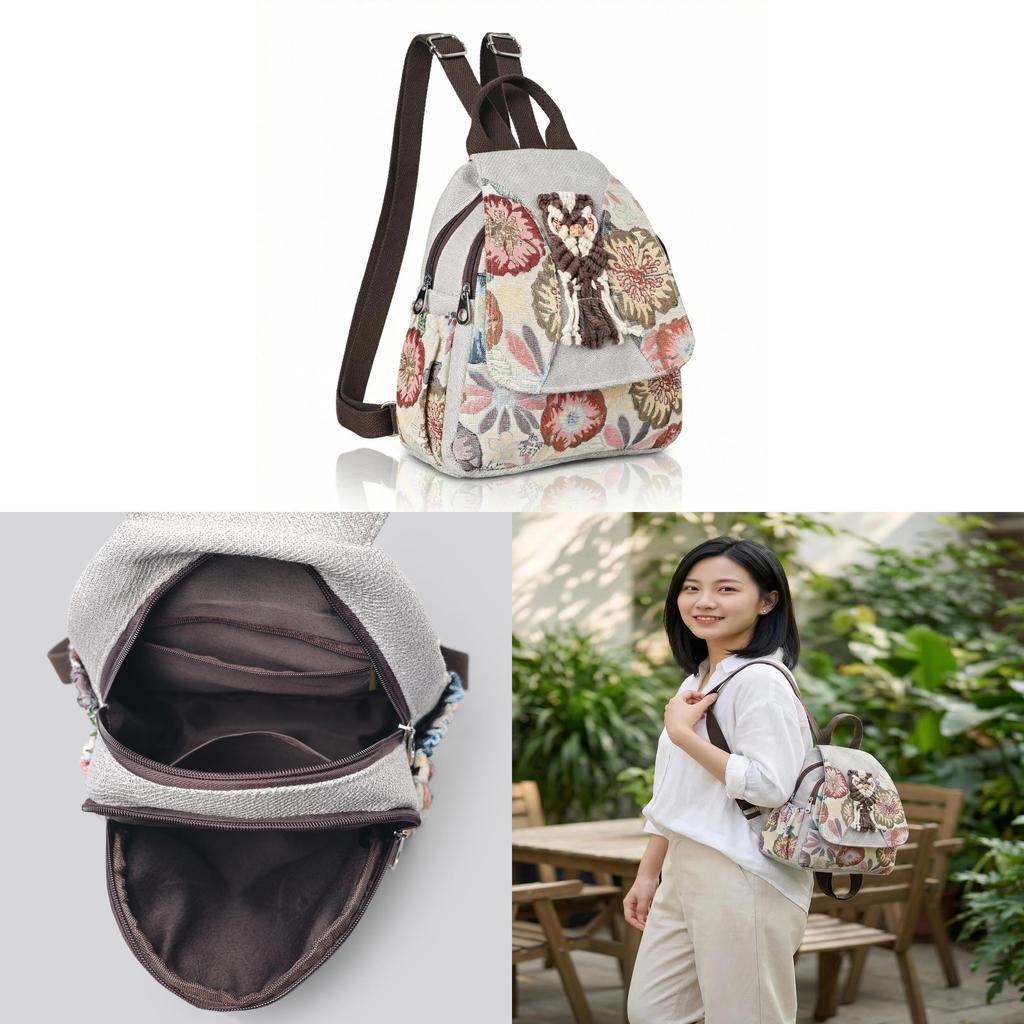 Ethnic Embroidered Backpack For Women With Cotton Linen Material For Travel And Casual Use