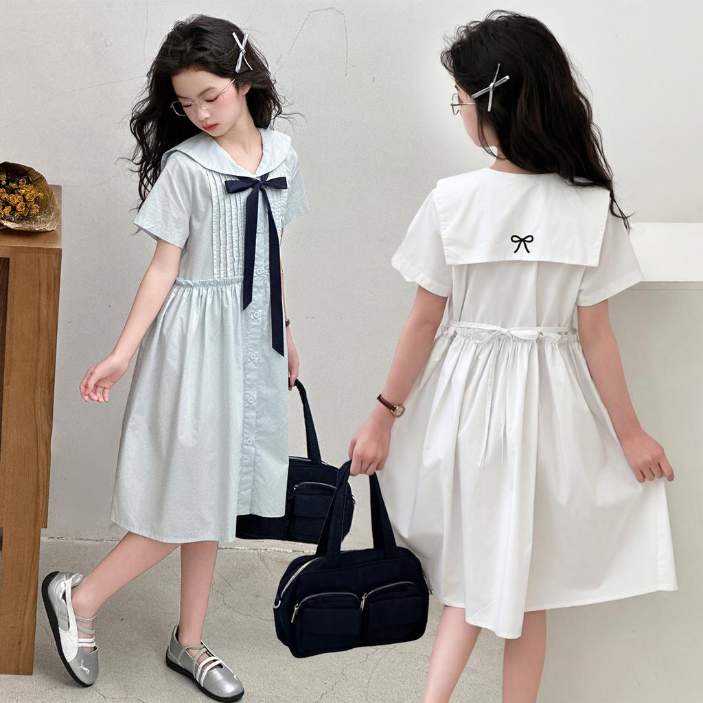 Girls' Korean version college style summer dress, new summer children's stylish navy collar bow dress