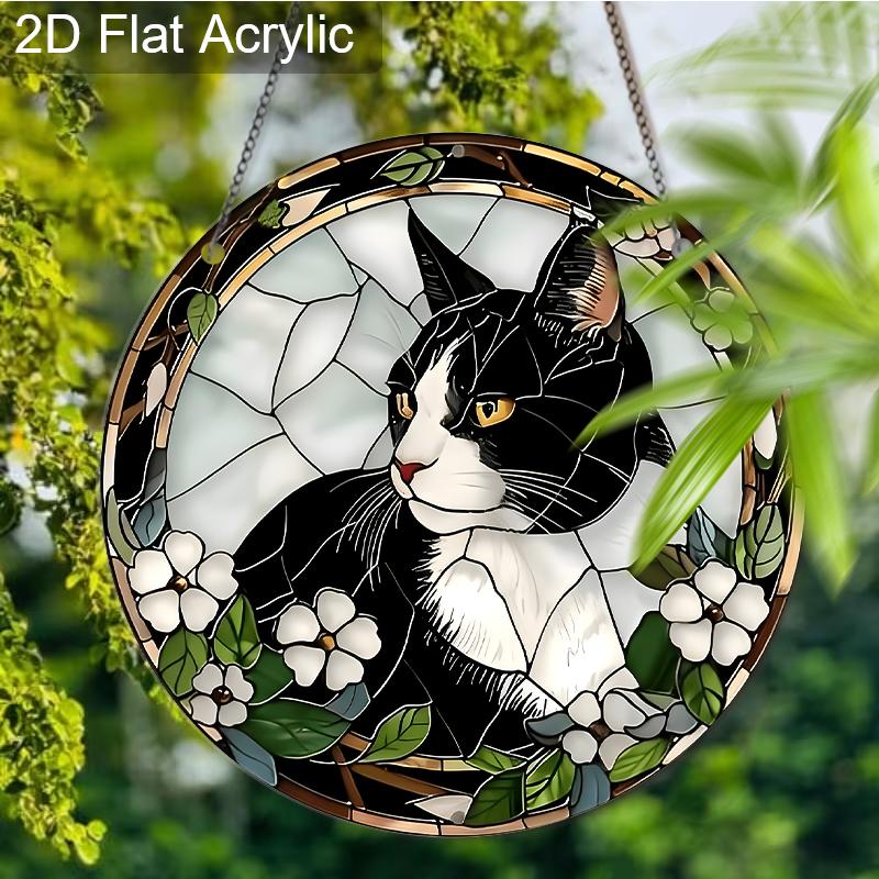 Acrylic Tuxedo Cat with White Flowers Suncatcher, Stained Glass Effect Window Hanging Ornament for Cat & Pet Lover Gifts