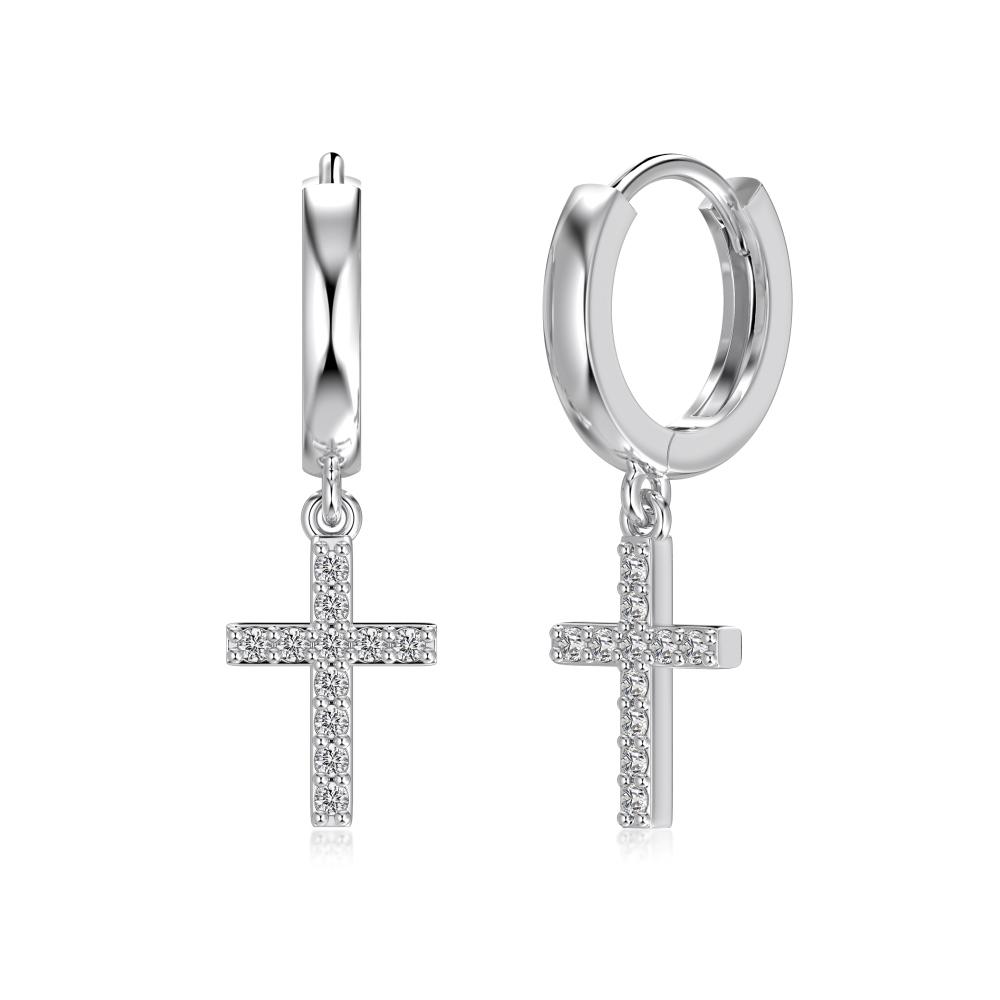 Dylam Jewelry Dainty S925 Silver 5A Cubic Zirconia Tiny Religious Cross Pendant Hoop Earrings for Women Daily Wear Jewel