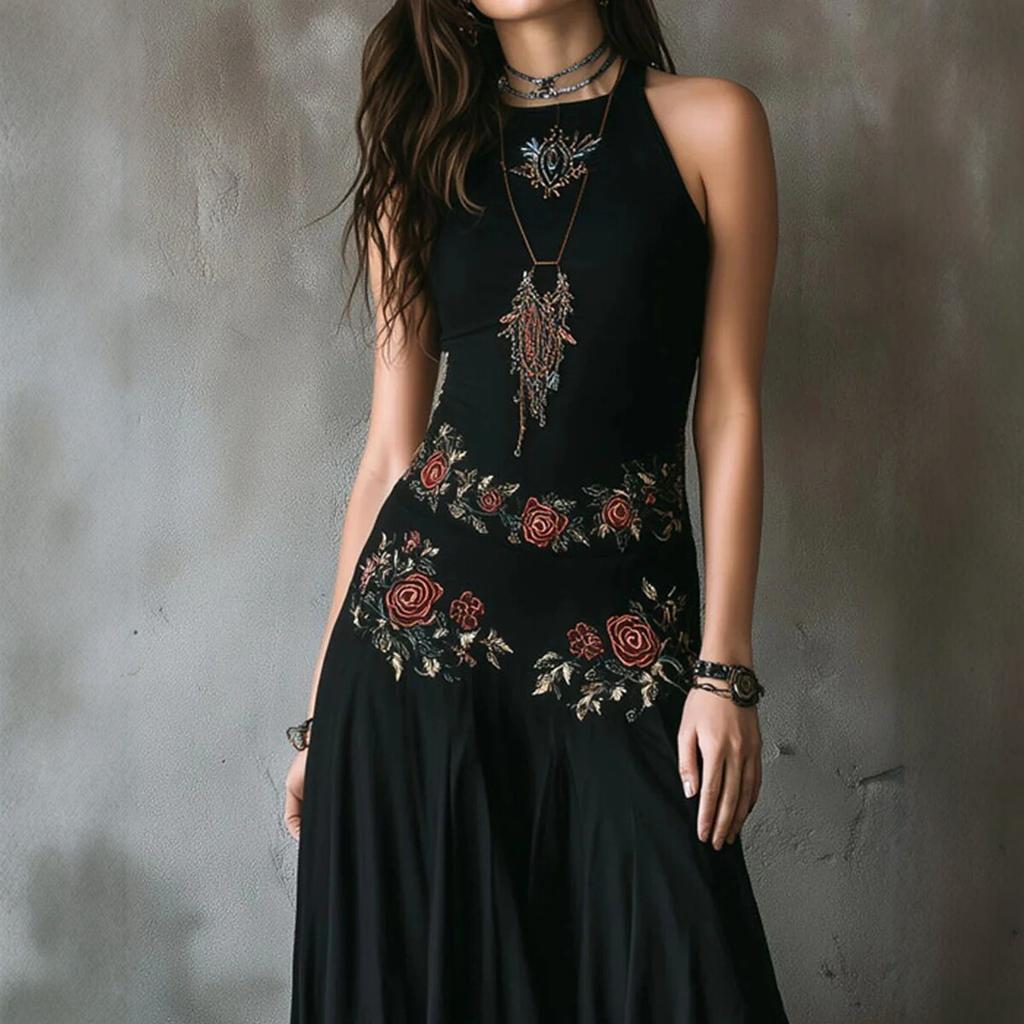 Women's Halter Neck Sleeveless Floral Embroidered Maxi Dress Slim Fit High Waist Irregular Hem Party Dress