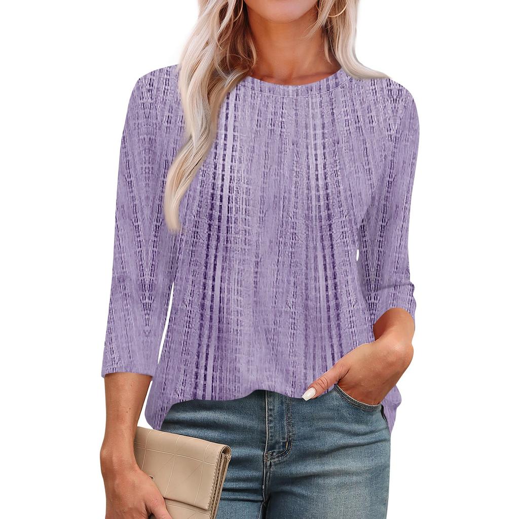 Omen's Fashionable Round Neck 3/4 Sleeve Printed Casual Basic Pleated Pullover T-shirt Top