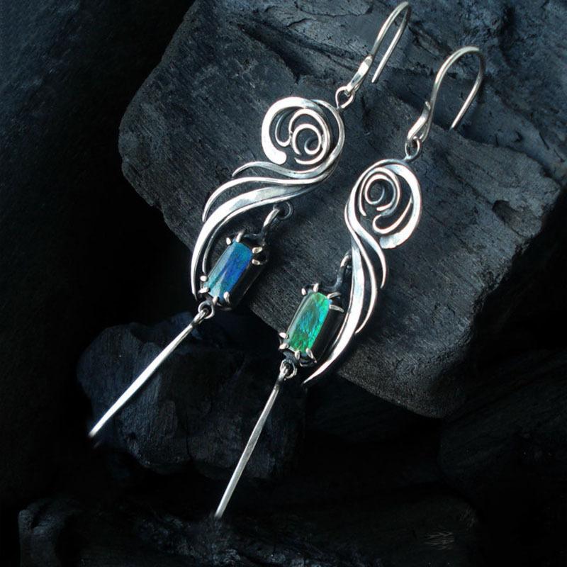 Geometric New Blue Green Square Zircon Earrings Hollow Metal Handmade Earrings