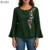 ZANZEA Women Round Neck Flare 3/4 Sleeve Casual Embroidered Blouse