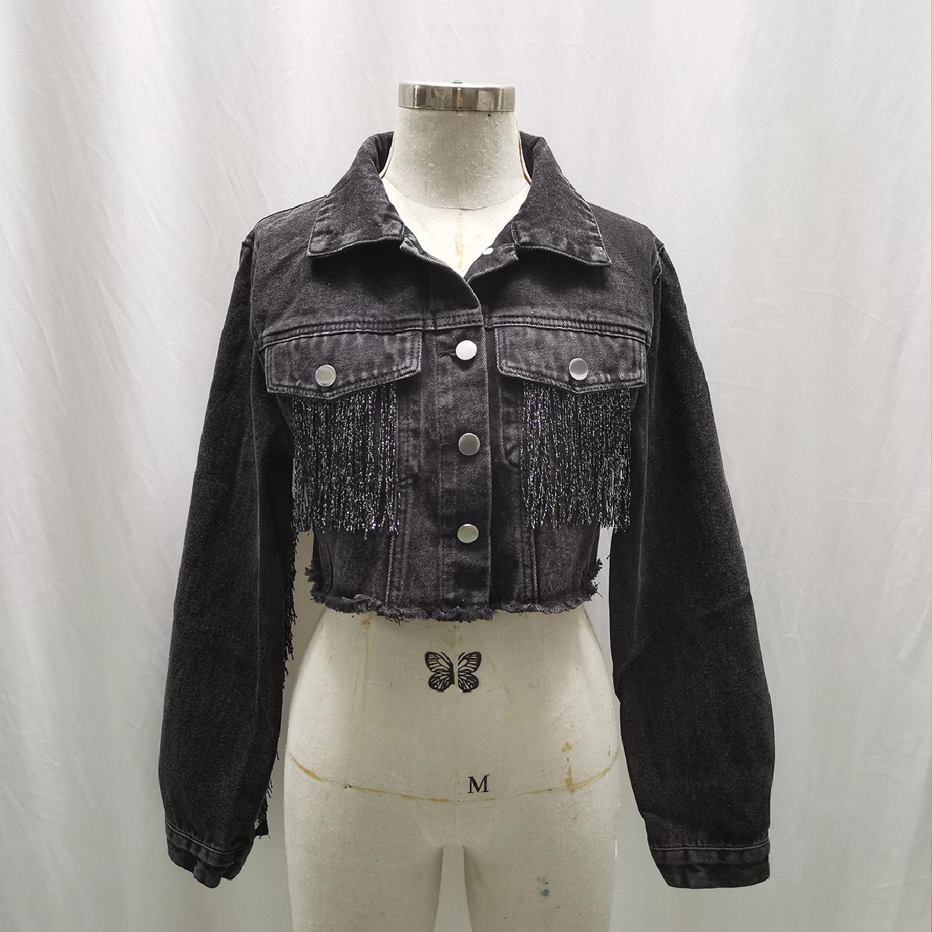 

Весенне-осенняя джинсовая куртка женская модная куртка с бахромой L чёрный