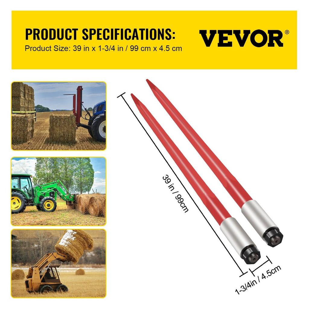 Pair Hay Spear 39" Bale Spear 3000 lbs Capacity, Bale Spike Quick Attach Square Hay Bale Spears 1 3/4", Red Coated Bale Forks, Bale Hay Spike with Hex
