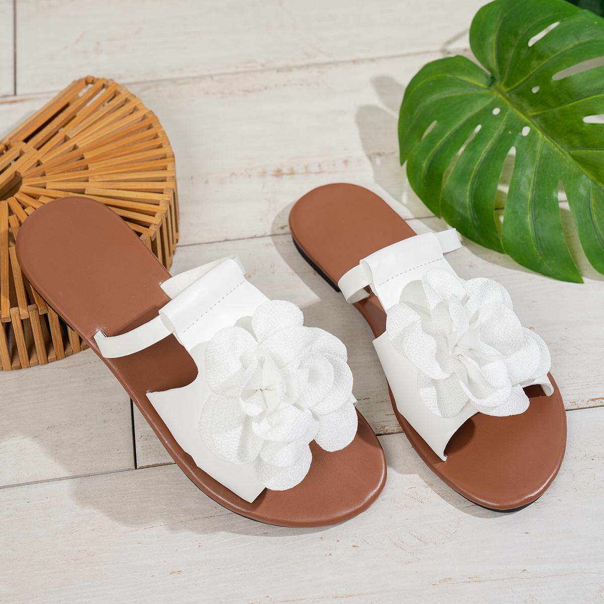 

Модные женские тапочки 2024 Лето Новые Элегантные Сандалии Модные Плоские Женские Туфли Дизайнерские Тапочки с Цветком Большого Размера Домашние Шлепанцы Женские 36 белый