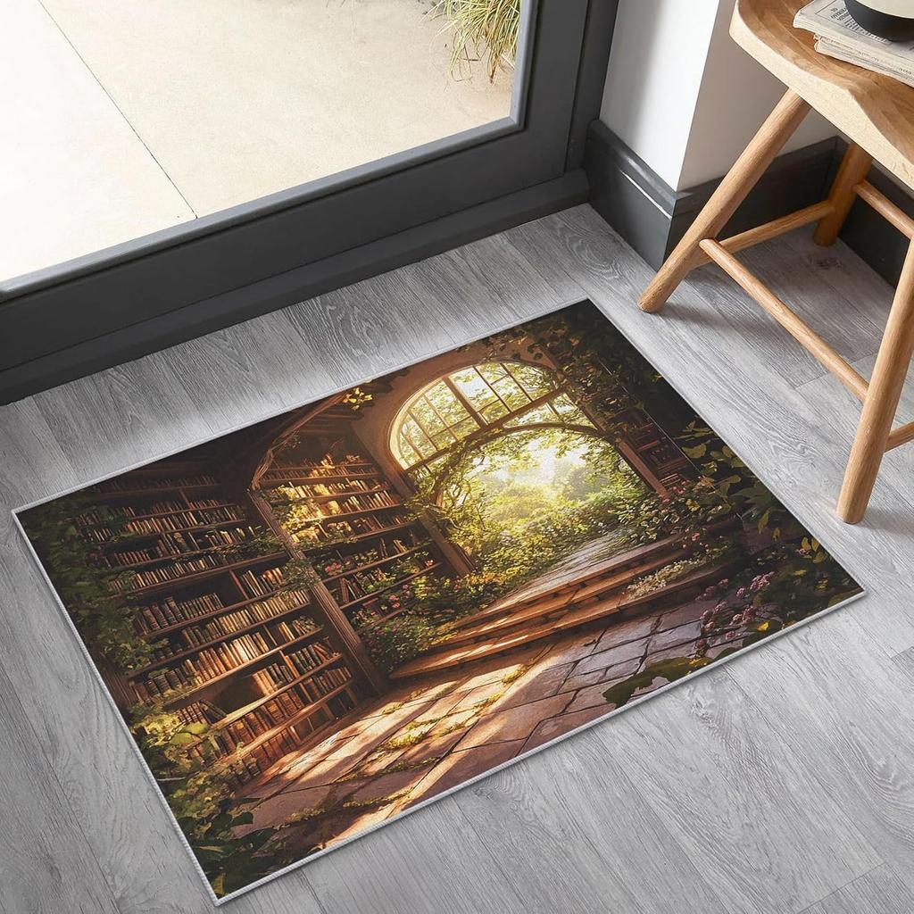 Vintage Style Tree Hollow Bookshelf Door Mat Floral Vines Literary Theme Home Decor Carpet Non-Slip Entrance Rug for Hallway