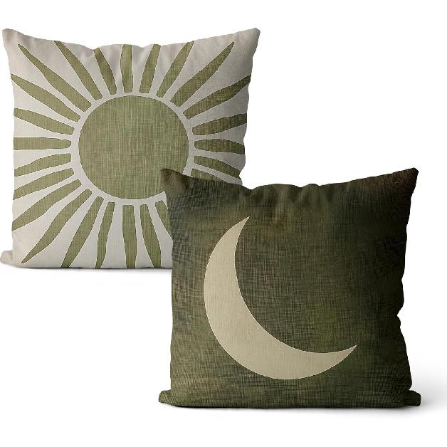 Sage Green Boho Sun and Moon Pillow Covers 18x18 Set of 2, Boho Home Decor, Retro Olive Green Celestial Sunshine Olive Green Decorative Throw Pillow зелёный