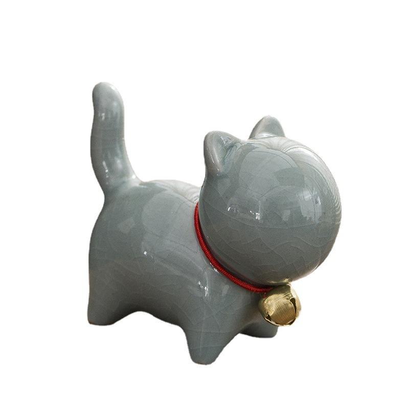 Cute Bell Cat Tea Pet Ceramic Figurine Lid Rest Brush Holder Creative Decor For Tea Table Desk Display