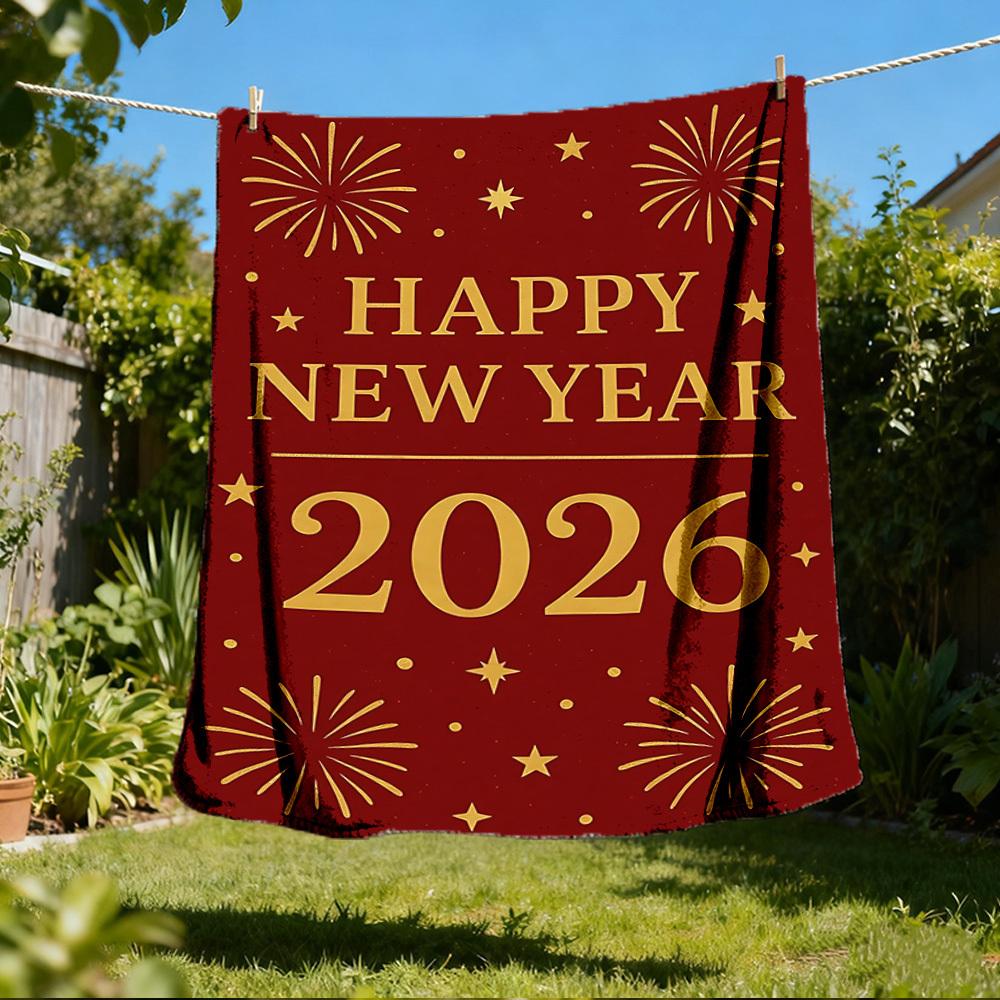 1pc New Year 2026 Outdoor Flannel Blanket Soft All Season Polyester Throw , Perfect for Picnics & Travel , Picnic Accessory