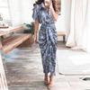 Women Casual Stand-up Collar Printed Shirt Button Belt Short-sleeved Long Skirt