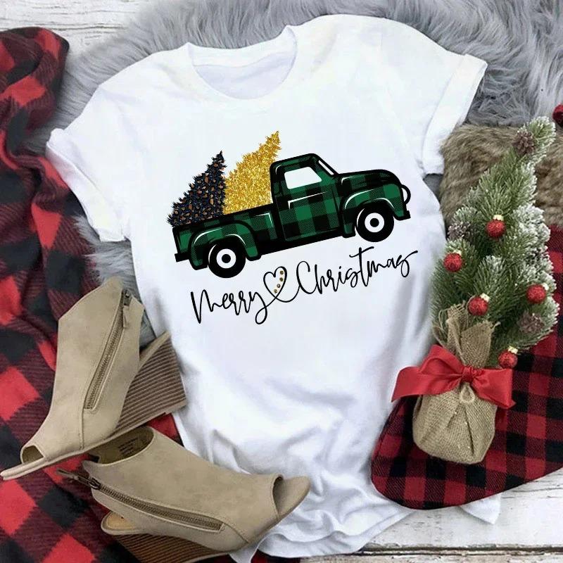 Truck SnowUnisex Family Christmas TShirt Womens Short Sleeve Cute Casual Top Cartoon SnowUnisex with Santa Hat Print