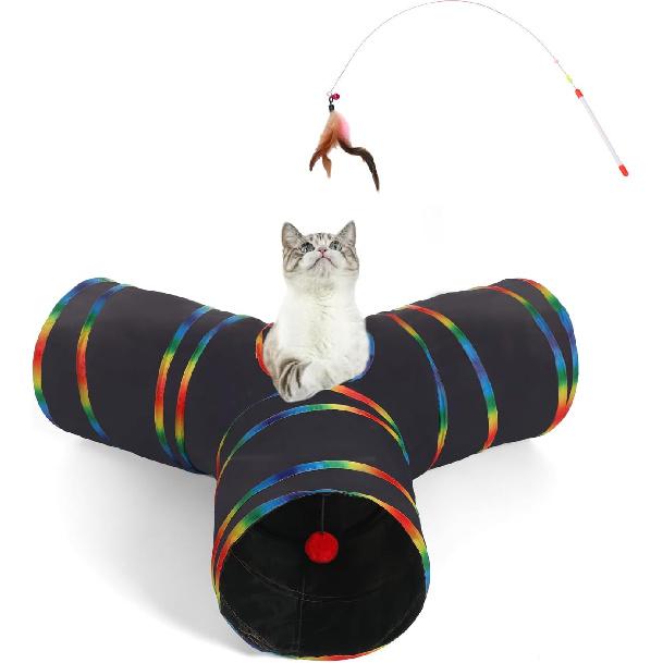 LUCKITTY Cat Tunnels Tube Toy with Plush Ball & Cat Wand Feather Toys-Portable Tattaff Waterproof Washable-Interesting Geometric Pattern