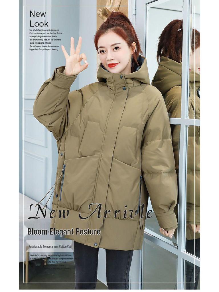 Women's Mid-Length Korean Style Down Cotton Jacket - Loose, Thick, Winter Coat