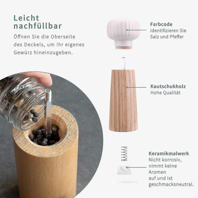Wooden and Ceramic Salt and Pepper Grinder - Pepper Shaker Shape Spice Grinder with Adjustable Grind