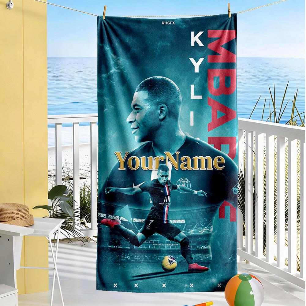 Mbappe Personalized Text Beach Towel High Absorbency & Quick-Dry Suitable for Swimming Gym Camping Yoga Vacation