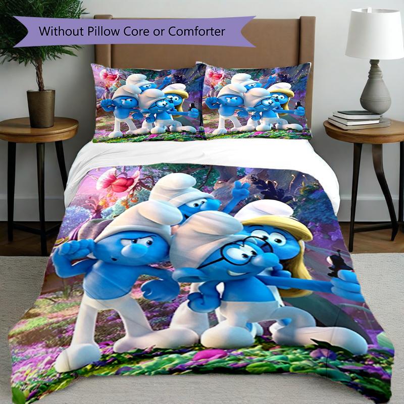 3pcs Duvet Cover Set (1*Duvet Cover + 2*Pillowcase, Without Core), Blue Smurfs Print Bedding Set, Bedroom Decor, All‑Season, Birthday Gift