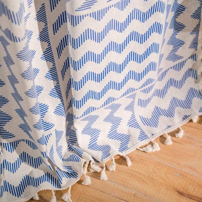 American Style Cotton Linen Blue Ripple Printing Tassels Window Curtain Blackout Valance Bedroom Living Room  Semi-shading Drape