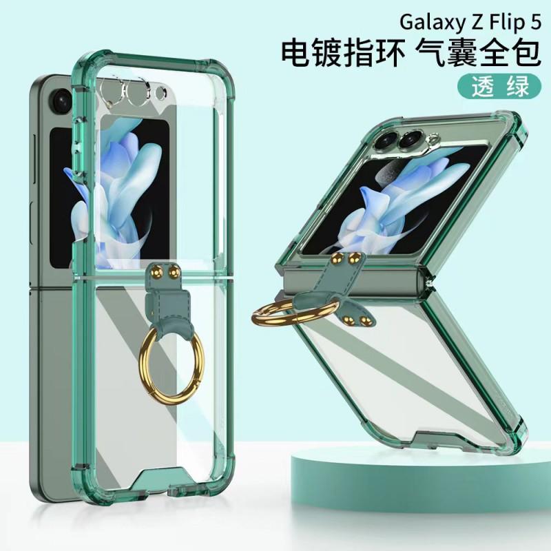 Transparent TPU Case With Electroplated Ring Stand Galaxy Z Flip 6 7 Shockproof Magnetic Anti-Fingerprint