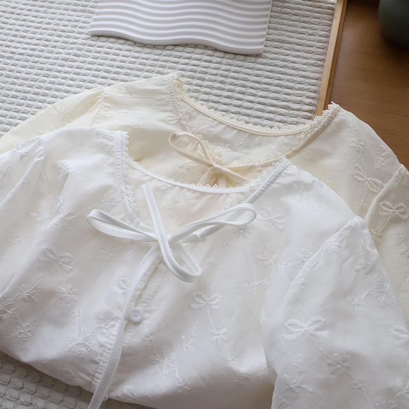 Korean Lace Jacquard Tie-Up Bubble Sleeve Women's Shirt - Summer 2025 Collection