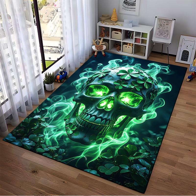 Glowing Green Skull Design with Clover Pattern on Dark Carpet Suitable for use as an anti-slip for living room bedroom sofas