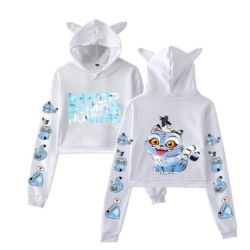 KPop Demon Hunters Derpy Tiger Cropped Hoodies Women Long Sleeve Hooded Pullover Crop Tops Casual Streetwear Clothes