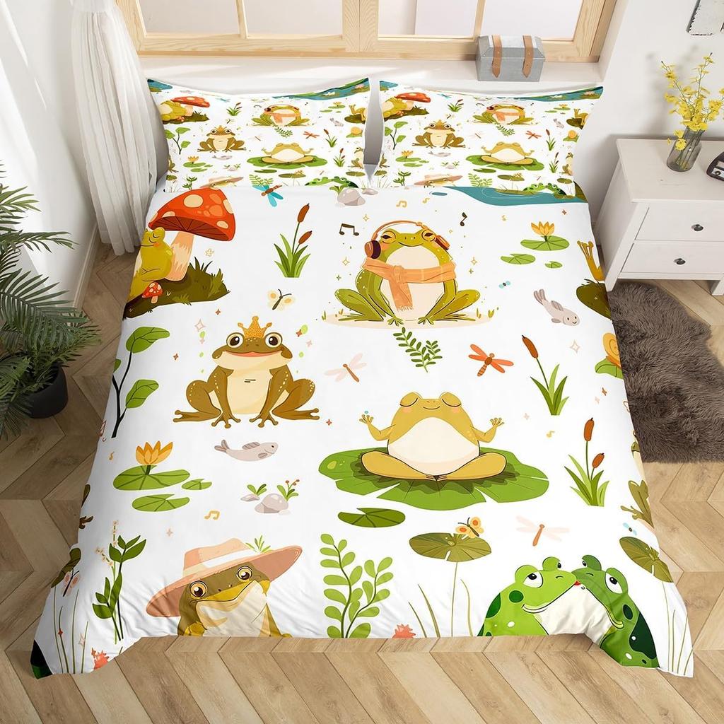 Kawaii Frog Duvet Cover Cute Frog Bedding Set For Boys Girl Blossom Flowers Floral Comforter Cover Cartoon Farm Animal Bed Cover