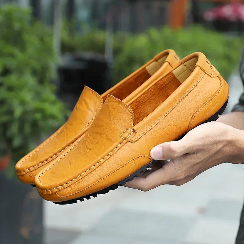 Genuine Leather Men Casual Shoes Luxury Brand Breathable Slip on Black Driving Shoes Soft Men Loafers Moccasins Plus Size 37-47