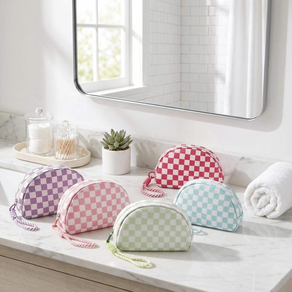 With Hand Strap Checkered Pattern Cosmetic Bag Polyester Makeup Organizer Toiletry Bag  Vacation