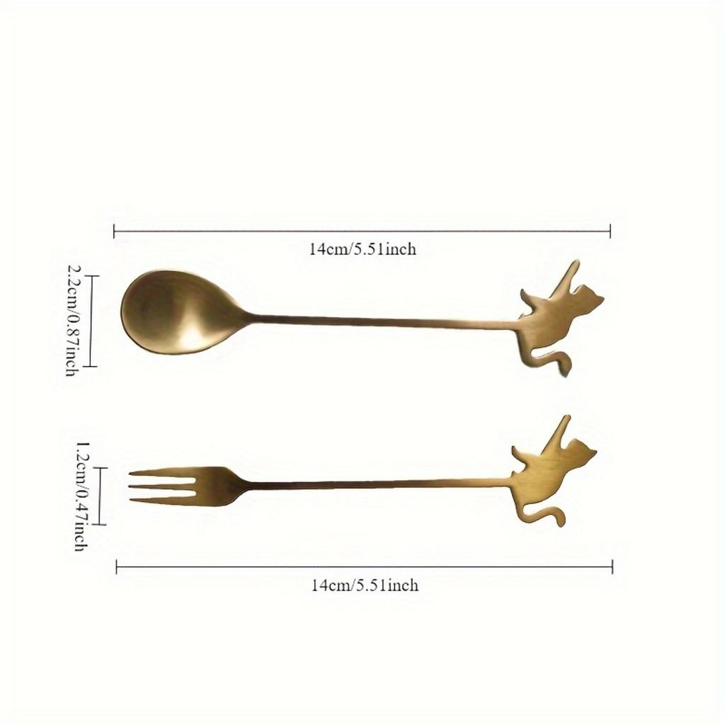 Set de 2 piese linguriță și furculiță de desert din oțel inoxidabil 304 cu design de pisică drăguță, mâner scurt, finisaj satinat, linguriță de ceai.