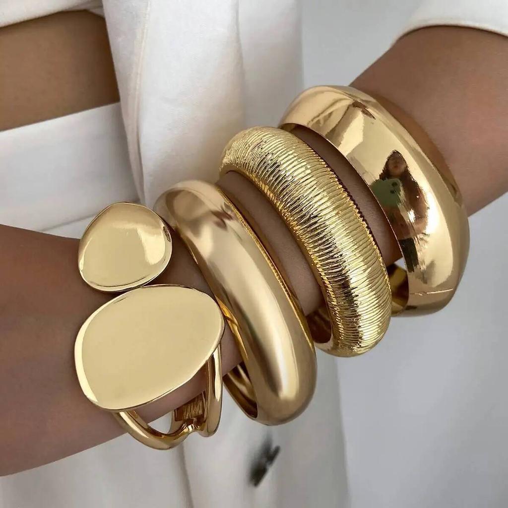 IngeSight.Z 4Style Punk Exaggerated Wide Cuff Bangle Women Vintage Irregular Geometric Glossy Gold Color Spring Bracelet Jewelry