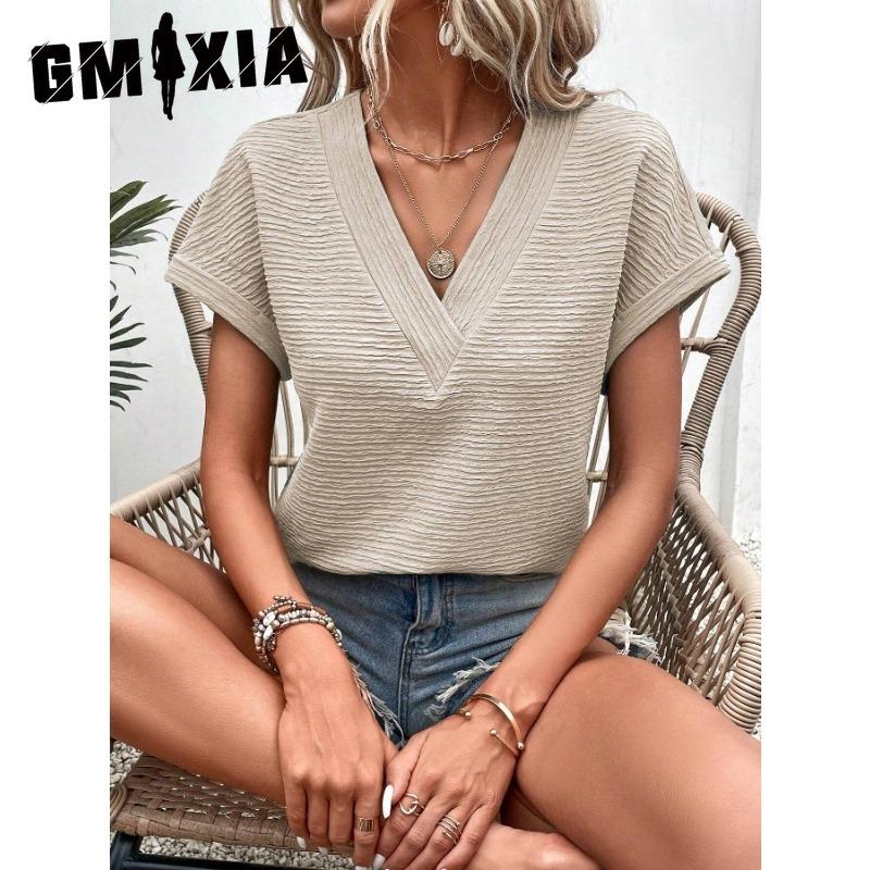 GMXIA Women's Fashion Casual Leisure Summer Solid Color Print Short Sleeve V-Neck Blouses & Shirts