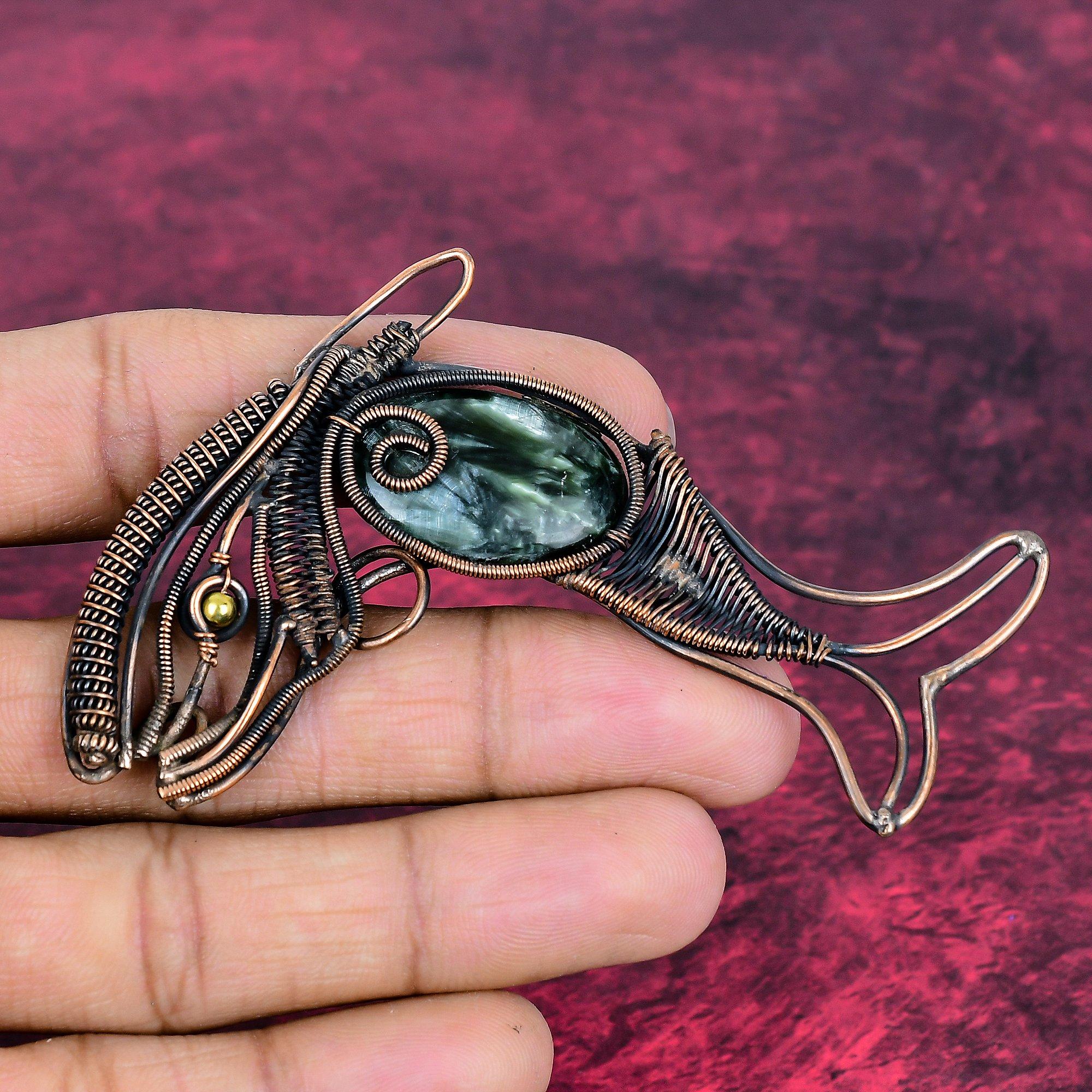 Кулон из камня Серафинит Кулон, обмотанный медной проволокой Рыба Ручная работа Ювелирные изделия