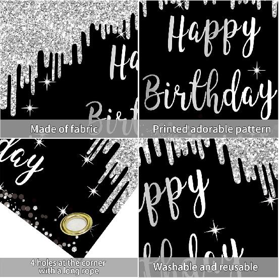 Black White Silver Happy Birthday Banner Decorations for Women Girls, Black Silver Happy Birthday Backdrop Sign Party Supplies, 16th 21st 30th 40th