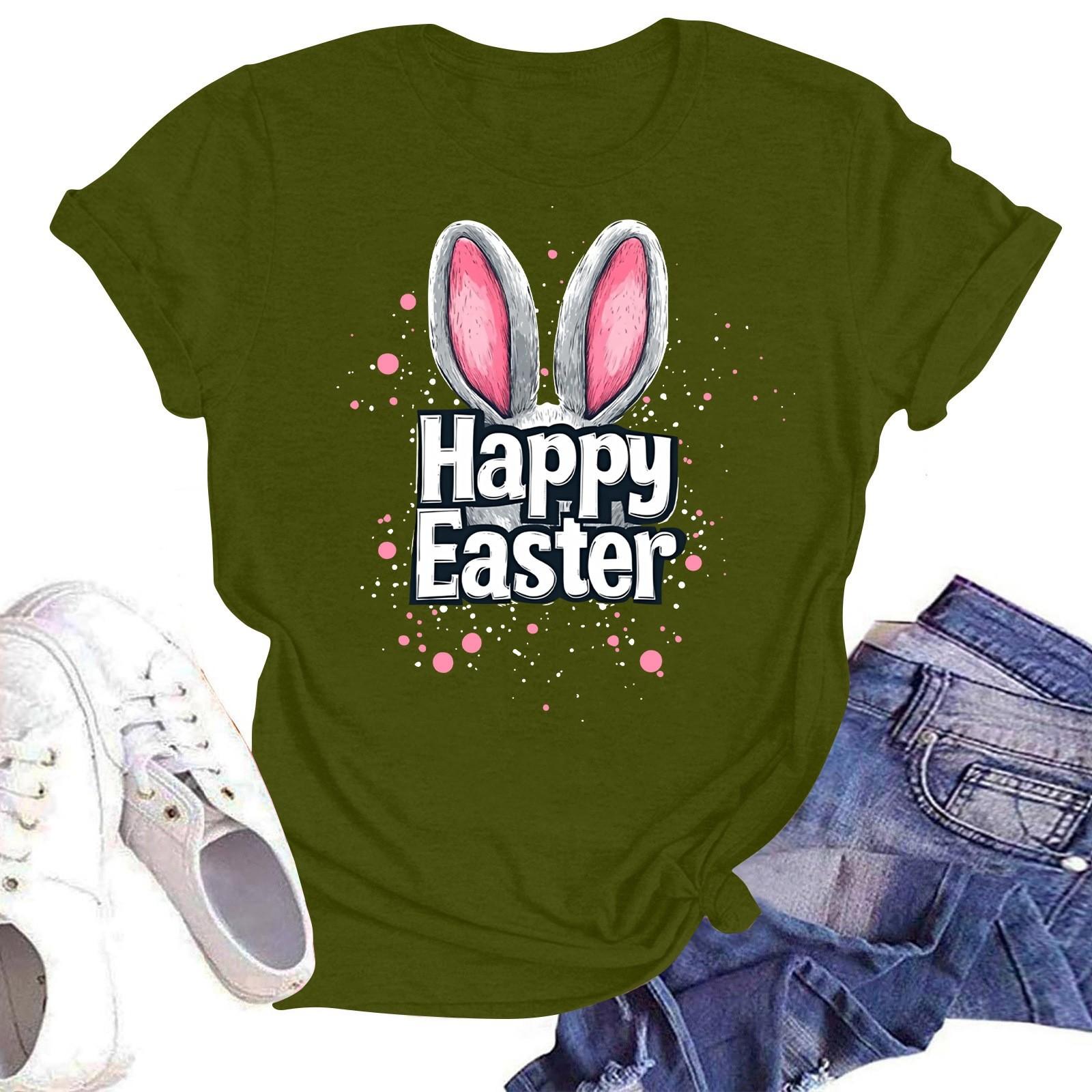 

Счастливой Пасхи женская мода принтованный круглый вырез короткий рукав футболка пуловер топ L армия зеленый