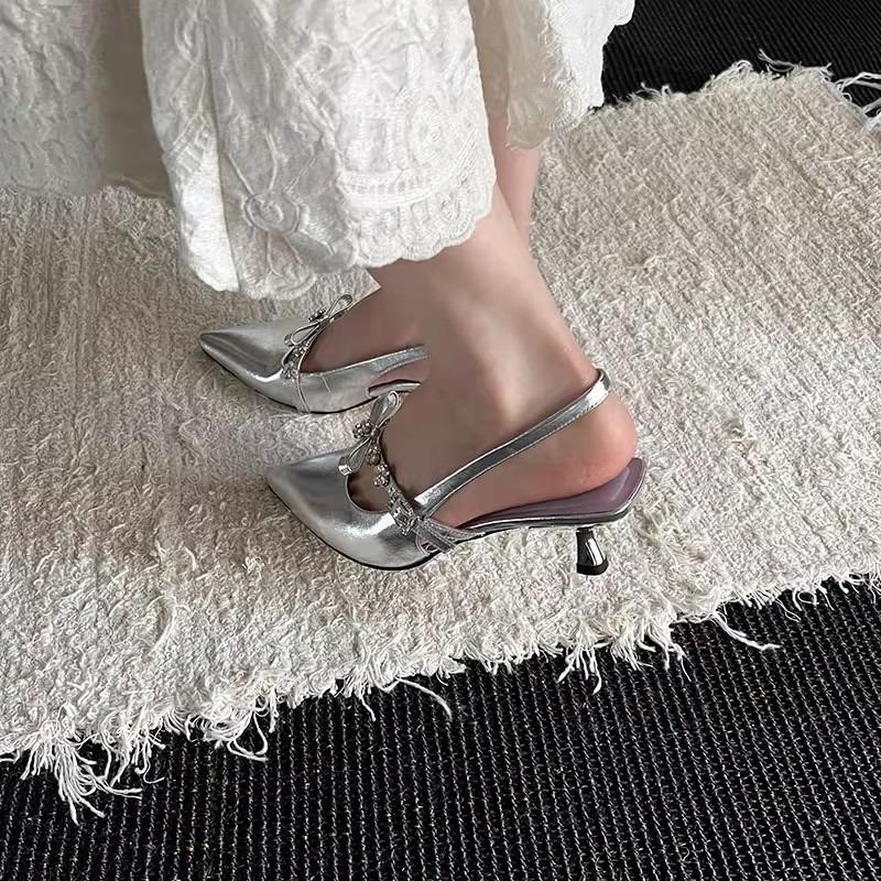 Fashion Fashion Pointed Toe Stiletto Sandals Women's Wrapped Toe Shallow Mouth Metal Buckle Bow Slip Strap Non-Slip Kitten Heel Shoes