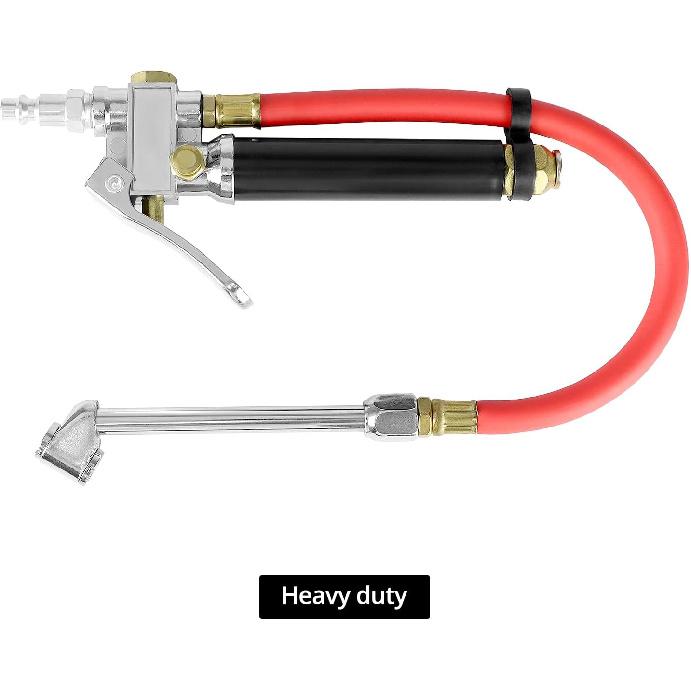 QWORK 10-120 PSI Tire Inflator Gauge - Dual Head Chuck, 12-Inch Hose, Leak-Free Valve Core, Chrome-Plated Cast Steel, With 4 Way Tool And Valve Cores