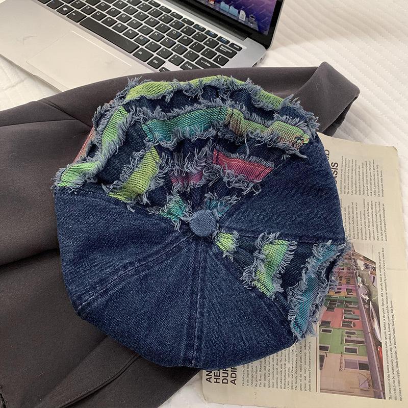 

Washed denim beret autumn hat women s sweet patch octagonal hat versatile face little painter hat One Size