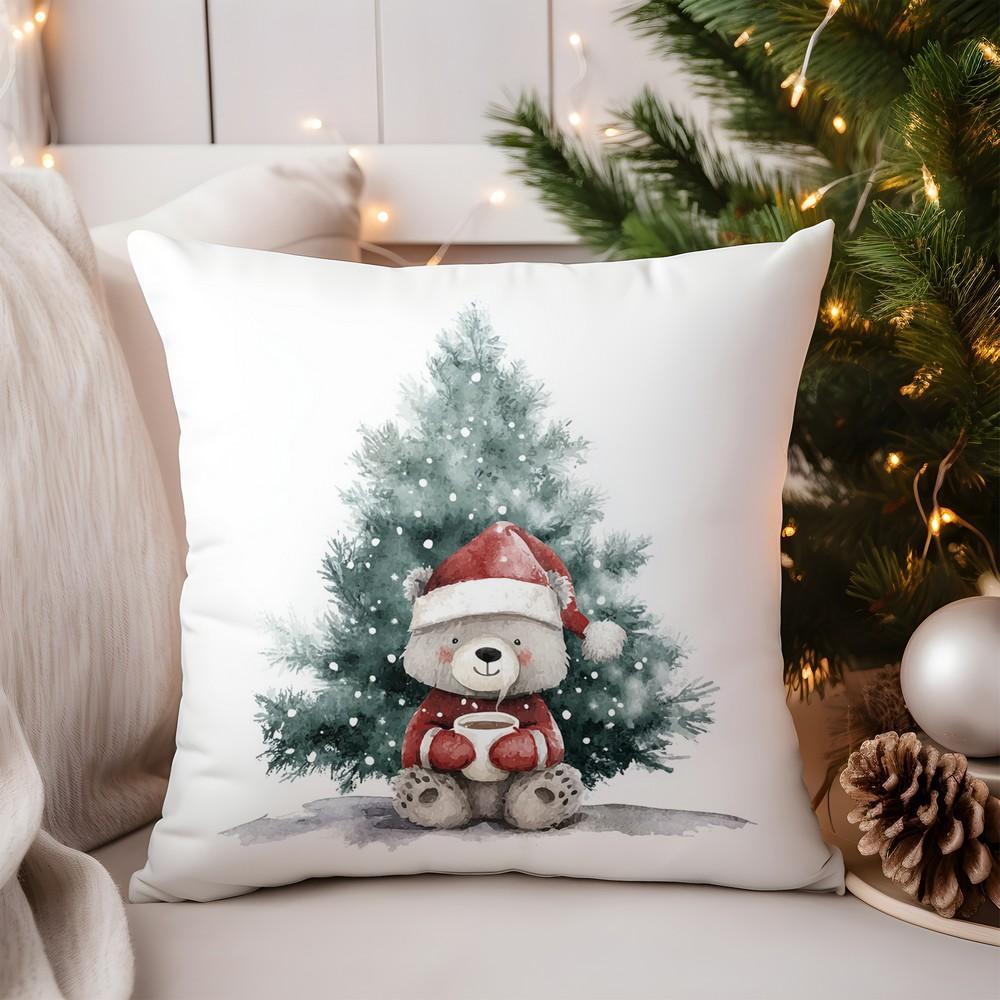 Home Decor Christmas Bear with Tree and Cup Pillow Pattern Cushion Cover Suitable for Sofa Bedroom Car Pillow Cover
