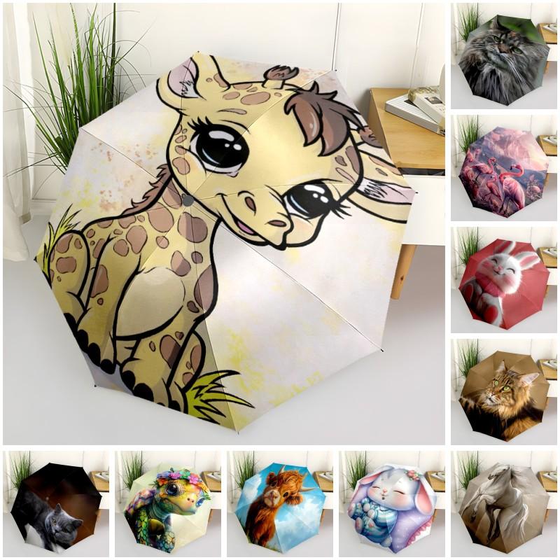 1pc Animals: rabbit, cat, deer Umbrella Portable Folding Umbrella Iron Frame Hole Bone Structure Outdoor Home Umbrella