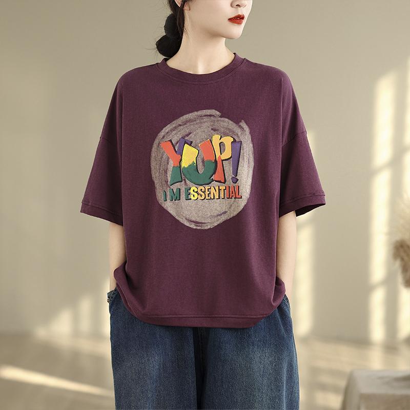 

Dimanaf 2025 Новые летние женские футболки больших размеров с принтом, короткие рукава, хлопковые свободные базовые повседневные топы, футболка в винтажном стиле XL фиолетовый