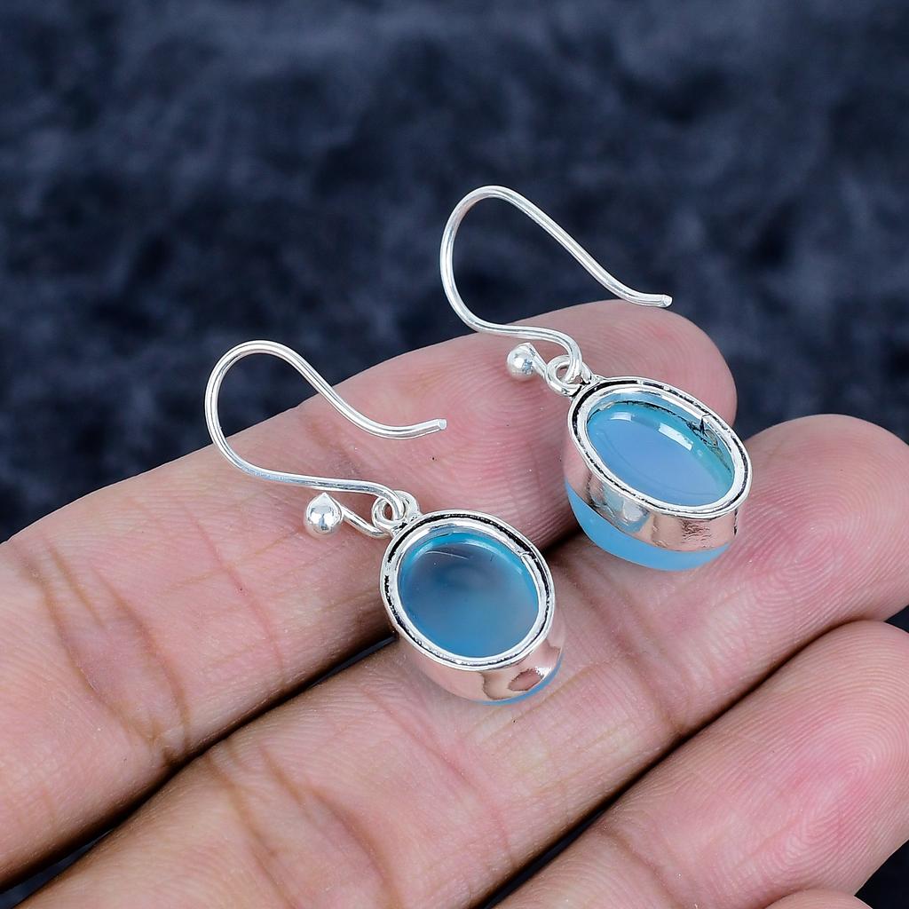 Blue Chalcedony Gemstone Handmade 925 Sterling Silver Jewelry Earring 1.26" MM-3480