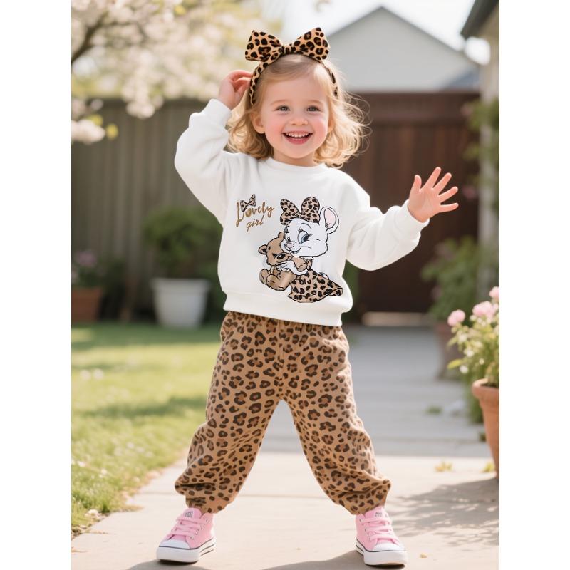 Girl's Autumn and Winter Cute Bunny Bear Printed Long Sleeved Shirt+leopard Print Pants Two-piece Set, a Gift for Children, Perfect for Outdoor