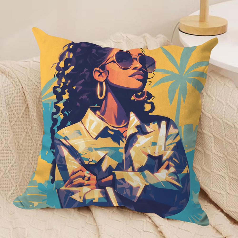 African Black Girls Fashion Cushion Cover Silky Short Plush Invisible Zipper Dustproof Sofa Pillow Case for Home Decor