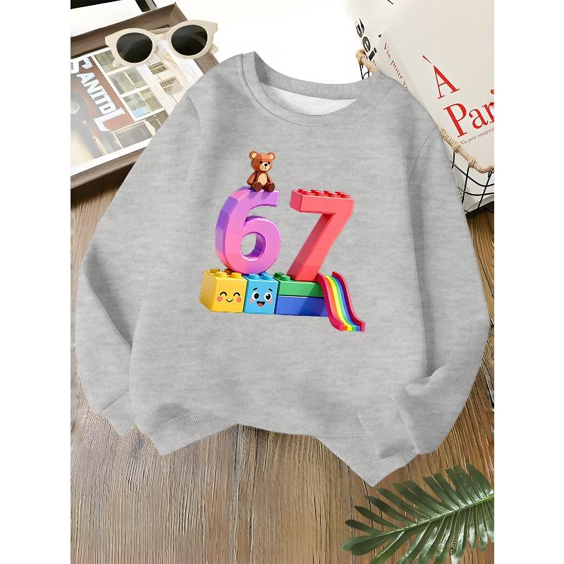 Kids Unisex Crewneck Sweatshirt, 3D Building Block Number 67 Cute Bear Rainbow Slide Print Soft Long Sleeve Pullover For Boys Girls Over 4 Years Old