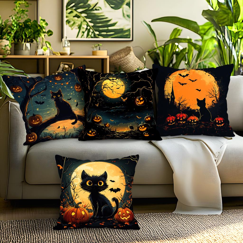 Halloween Black Cat Cushion Pillowcase Printed Polyester 45X45Cm Throw Pillowcover Decorative Sofa Cushion Pillowslip Home Decor